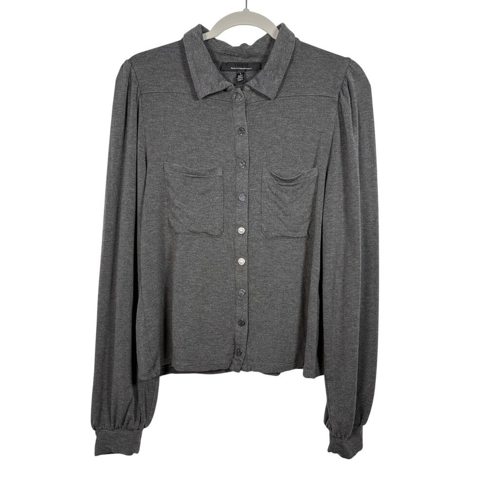 White House Black Market Charcoal Grey Knit Button Down Puff Sleeve Blouse L